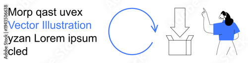 Workflow, digital download, delivery process, user instructions, minimal design, process visualization. Circular arrow, open box and woman pointing. Workflow and digital download