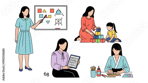 Educational Moments: A collection of educational moments showcases a teacher guiding a lesson, a mother and daughter bonding over building blocks.