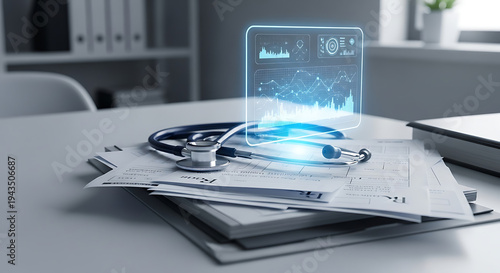 A stethoscope and medical papers on a desk with a digital health interface
