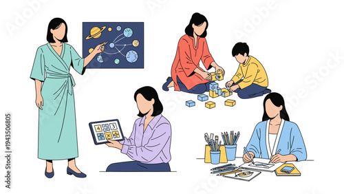 Empowering Education: A collection of images depicting women guiding, creating, and nurturing children. Each scene, from the classroom to creative activities, inspires curiosity, growth, and joy.