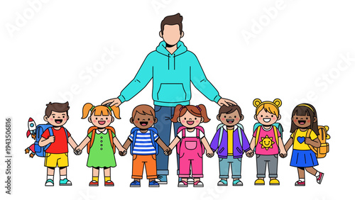 Teacher's Embrace: A caring teacher stands behind a line of diverse, smiling children, hands interlocked, embodying a scene of unity, care, and the warmth of a nurturing environment.