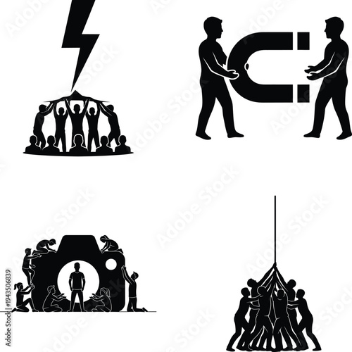 Teamwork with lightning bolt, magnet, camera and suspended group vector