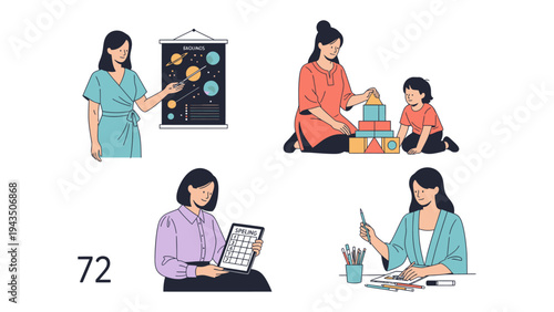 Educator in Diverse Fields: A collection of images showcases educators in various teaching environments, each scene highlighting the dynamic role educators play in shaping minds and fostering growth.