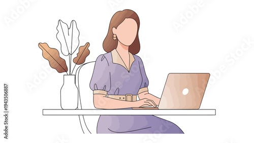 Modern Woman at Work: A woman, engrossed in her work, sits at her desk with a laptop and a potted plant nearby. Illustrating a day in the life.