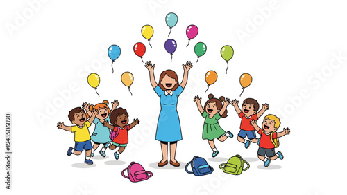 Joyful School Arrival: A cheerful teacher and a circle of delighted children are gathered, with a collection of colorful balloons. This image is the definition of fun and happiness.