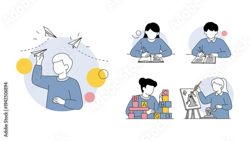 Creative Minds at Play: A collage of illustrations depicts the vibrant spirit of imagination and learning, showcasing individuals engaging in various activities such as crafting paper airplane.