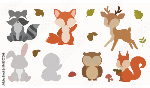 Cute forest woodland animals cartoon vector set quirky wildlife characters for kids isolated on white background