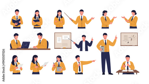 Business Presentation and Leadership Actions: A dynamic illustration captures diverse business professionals in various poses, actively involved in presentations, discussions, and leadership roles.