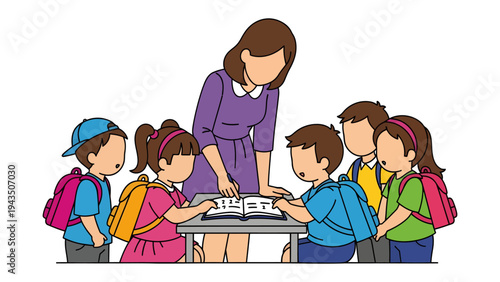 Educator and Students: An illustration captures the heartwarming scene of a teacher guiding a circle of eager students. This artwork embodies the essence of education, learning.