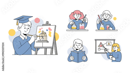 Artistic, Science, and Education Illustration: Charming illustrations of students engaged in diverse academic pursuits, capturing the spirit of learning and creativity. 