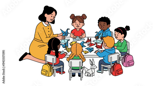 Creative classroom: An illustrative scene capturing a heartwarming classroom activity, where children and their teacher enthusiastically engage in a colorful origami session.