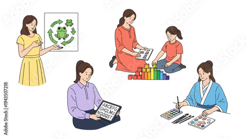 Learning through Play: Witness a series of illustrations portraying a child's educational journey.