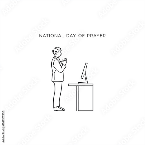 National Day of Prayer Outline Illustration  Man Praying at Office Desk