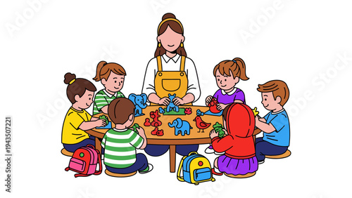 Playtime Harmony: A dedicated teacher guides a circle of young children, fostering creativity and joy through imaginative play with colorful toys. 