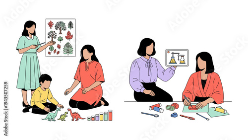 Educational Activities: A glimpse into learning environments, showcasing a teacher and students engaged in hands-on science and nature activities, fostering curiosity and knowledge.