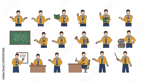 Teacher at Work: A collection of various poses of a teacher, illustrating different actions within a classroom environment. Emphasizing the educational aspect and instructional gestures.