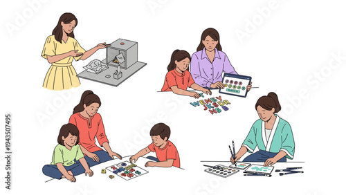 Moments of Learning and Joy: A series of illustrations depicts a mother and children engaged in various activities, fostering learning and bonding.