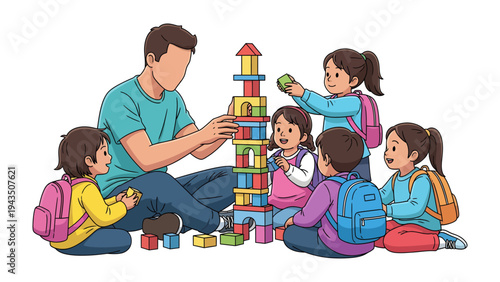 Building Blocks of Togetherness: A heartwarming scene unfolds as a dedicated educator guides a group of young children in a collaborative building block activity.