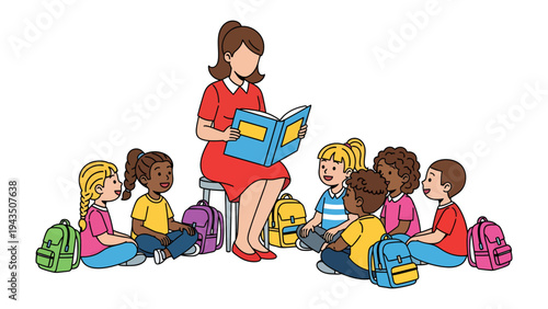 Enchanting Tale: A teacher captivates a circle of attentive children with a captivating story, fostering imagination and a love for reading.