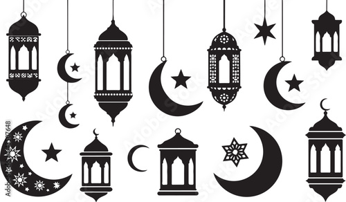 Islamic Ramadan decorations with lanterns and crescent moons hanging