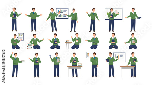 Man Presentation in Various Poses: A diverse array of poses showcases a man engaged in different presentation scenarios. From illustrating data to holding documents or gesturing.