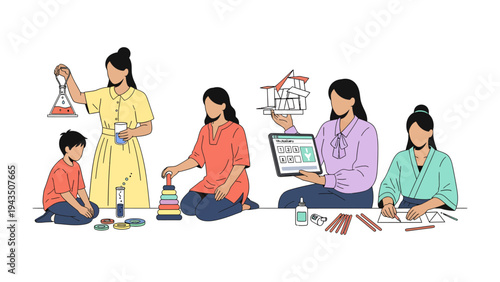 Creative Learning Together: Illustrative depiction of women and child enjoying the process of creative learning, fostering a dynamic environment.