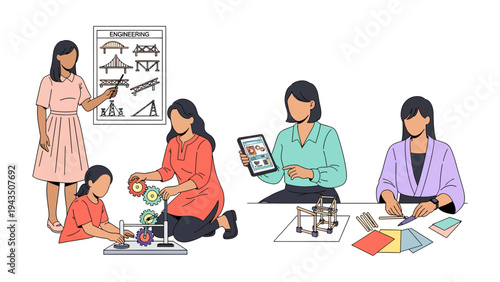 Inspiring Minds: A vibrant scene captures women, teaching and inspiring youth in various fields, showcasing the power of education and the pursuit of knowledge.