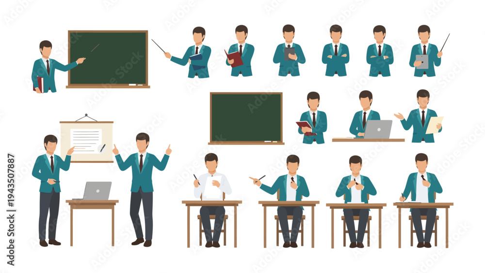 Fototapeta premium Teacher in Action: A comprehensive collection of illustrations of teachers in various poses and actions, ideal for educational and instructional materials.