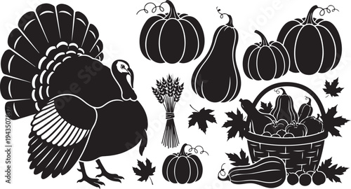 Thanksgiving icons including turkey, pumpkins, and fall leaves illustration
