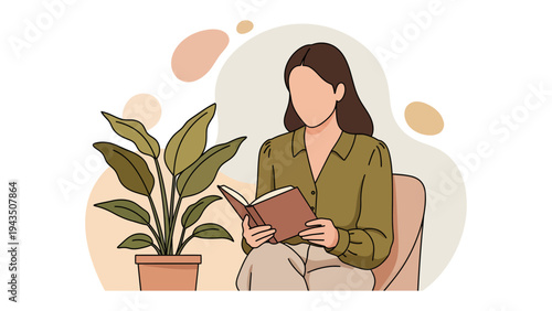 Reading Serenity: An illustration captures a woman absorbed in a book, fostering a sense of calm and peaceful reflection, complemented by the presence of a potted plant.
