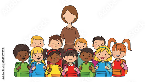 Classroom Harmony: A charming classroom setting, where a nurturing teacher stands among a diverse group of happy children, united in their pursuit of knowledge and growth.