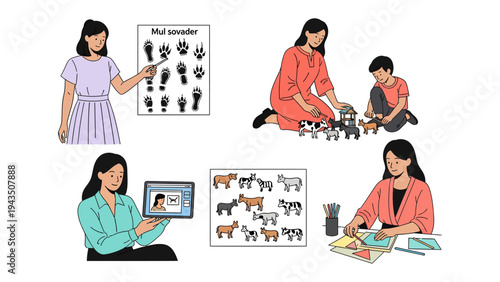 Enriching young minds: A set of scenes depicting the heartwarming interaction between woman and child in educational and creative activities.