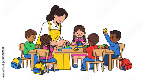 Early Learning Circle: A dedicated educator guiding a diverse group of young learners in a creative session, fostering growth and exploration.