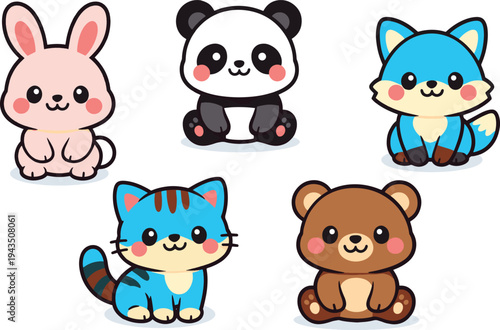 Cute kawaii animal characters collection featuring rabbit, panda, fox, cat and bear in adorable cartoon style. Funny baby animals with big eyes and rosy cheeks isolated on light background.