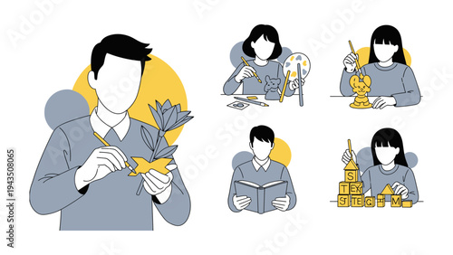 Hobbies Collection: A diverse compilation of individuals immersed in a variety of engaging hobbies, showcasing the beauty of creative expression and personal enrichment.