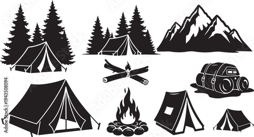 Camping icons and symbols for outdoor adventure travel