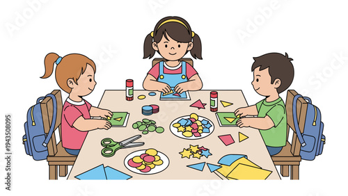 Creative Minds at Play: A trio of children enthusiastically engage in a crafting session at a shared table, adorned with colorful craft supplies. 