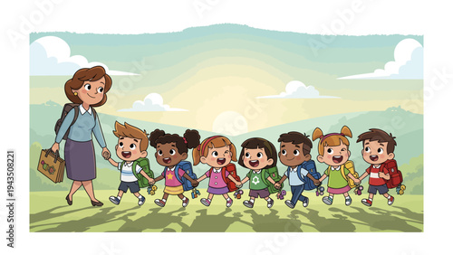 Journey to School: A cheerful teacher guides a group of diverse children on their way to school, their hearts alight with the promise of knowledge and friendship.