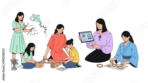 Creative Moments: A vibrant illustration depicts a group of women and girls engaged in a variety of creative activities, sparking imaginations and fostering skills. 