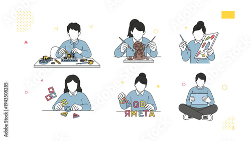 Hobbies in Action: Diverse individuals find joy in their various hobbies, each immersed in a different craft or activity, from assembling circuits to knitting and painting. 