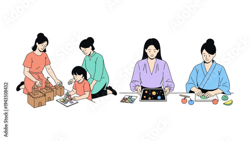 Family Moments: A collection of tender moments of family life, including a parent assisting a child with art, another reading a tablet, and a mother and child working together on craft projects.