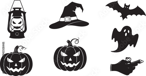 Halloween icons including pumpkins, bats, and witch hat symbols