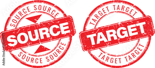 Red grunge rubber stamp icons for source and target identification in logistics and data mapping