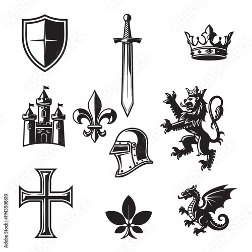Medieval icons feature shields, swords, crowns, and mythical creatures in a minimal style.