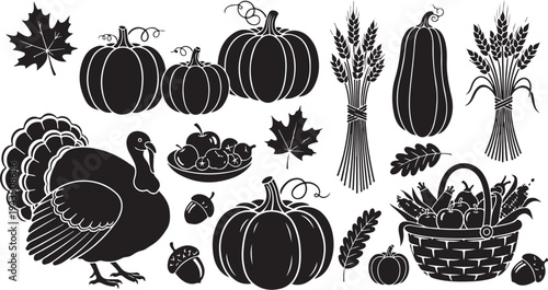 Black and white Thanksgiving icons and symbols illustration set