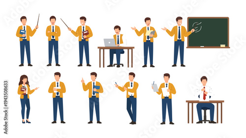 Teacher's Insight: A collection of teachers in various poses, from holding books and pens to explaining lessons.