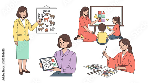 Early Childhood Educator and Pupils in Action: Illustrative snapshots from a classroom environment feature a dedicated educator guiding pupils through various learning activities.