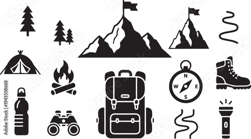 Camping and hiking icons and travel symbols in black