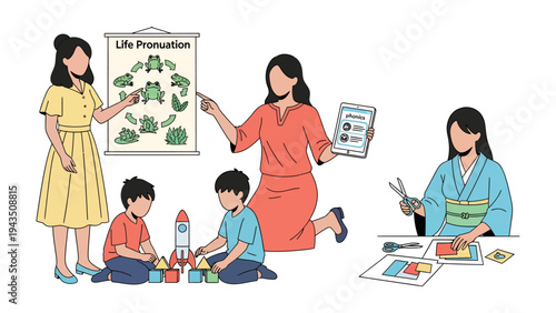 Nurturing Minds in the Classroom: An educator guides young learners in an engaging and creative educational environment.