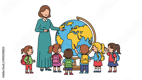 Discovering the World: A teacher and a group of children exploring a globe, fostering curiosity, and igniting a passion for global understanding. 